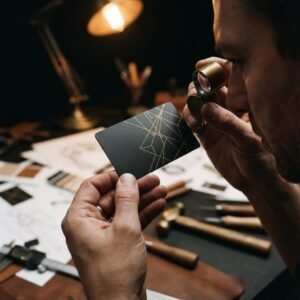 A designer inspecting a black metal card with a loupe
