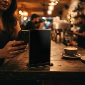 A customer tapping a phone on a review standee at a café counter