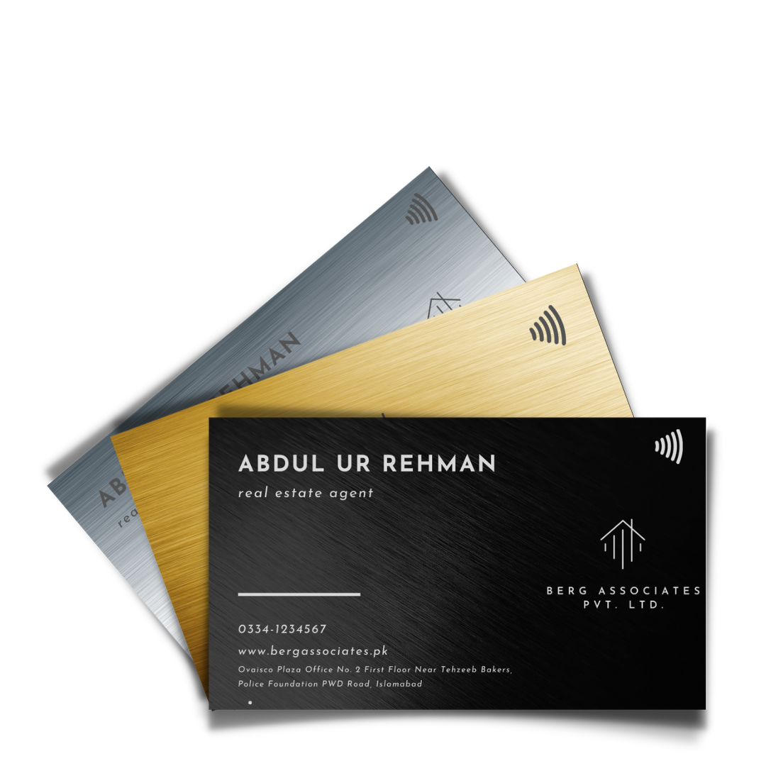 NFC metal business cards in black, gold and silver