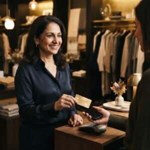 A boutique owner tapping a gold metal card on a client's phone